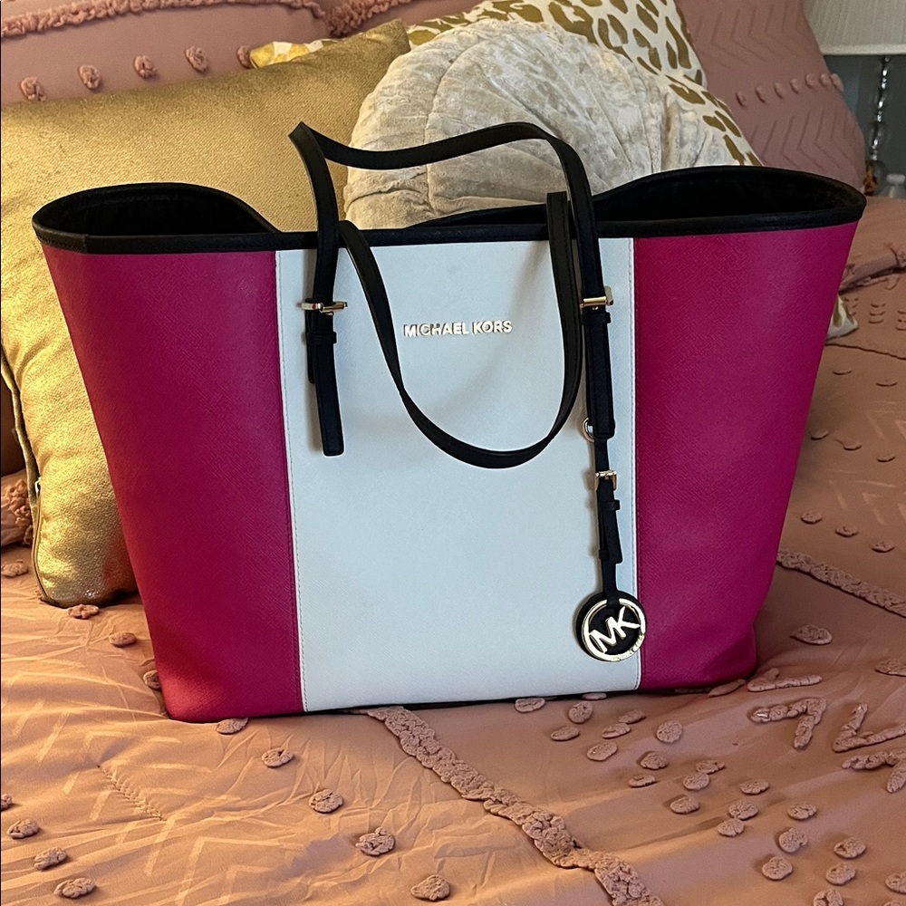 Michael Kors Fuchsia and White Tote Bag